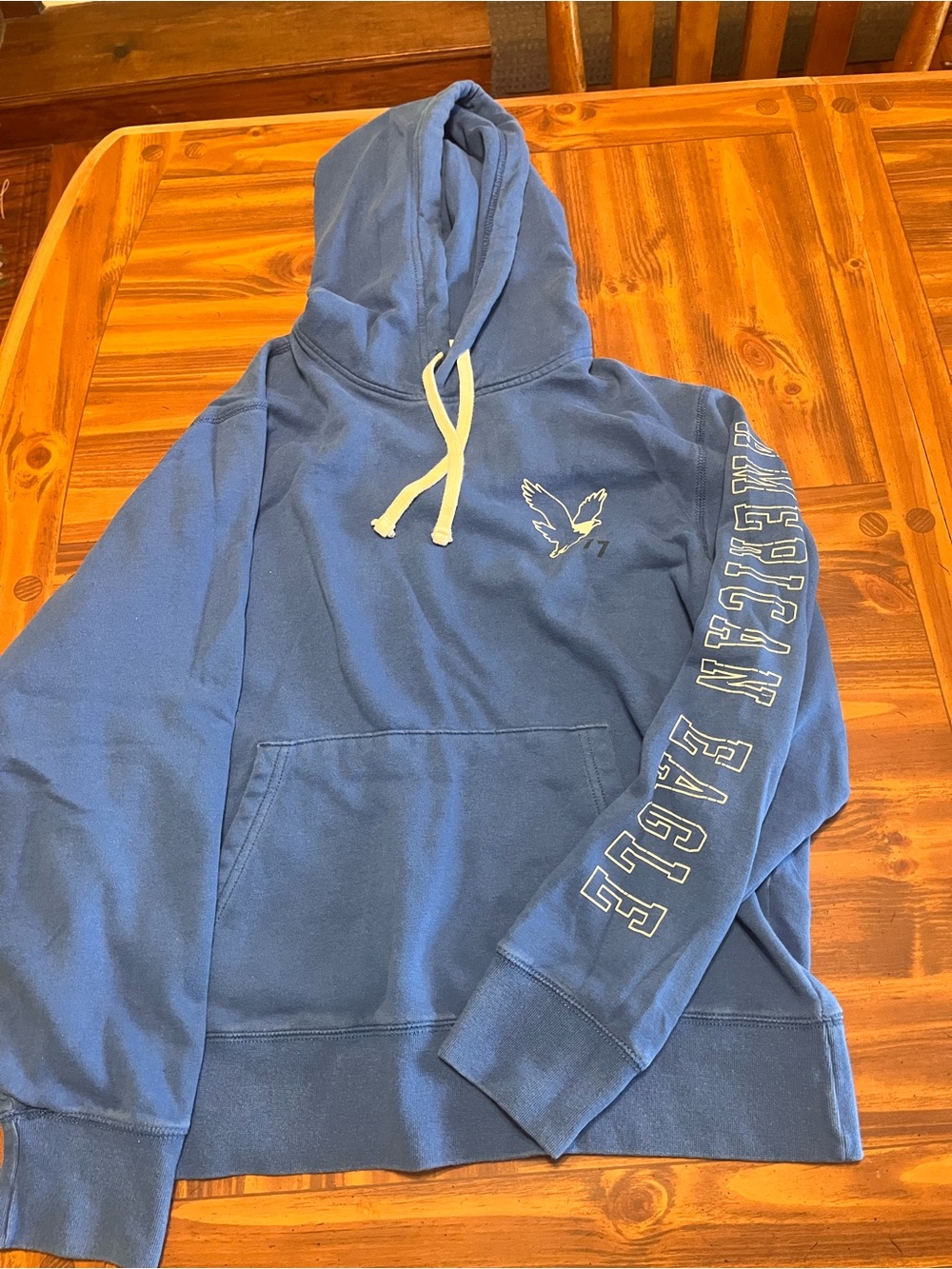 American Eagle Blue Pullover Hoodie Sweatshirt with Sleeve Logo